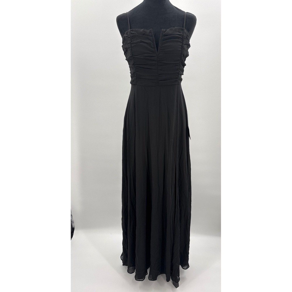 Lulus Sweeny Black Ruched Notched V-Neck Spaghetti Strap Maxi Dress  Size M - Picture 5 of 12